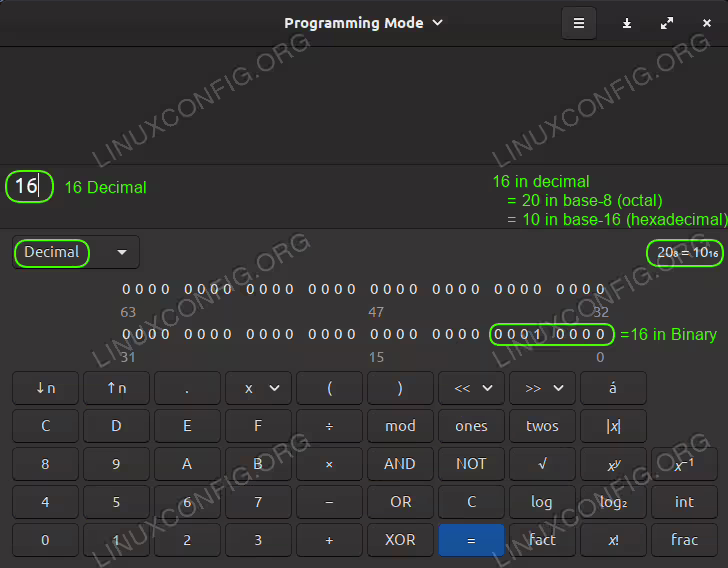 Linux Mint 20 Calculator showing Decimal, Binary, Hexadecimal, Octal all at once