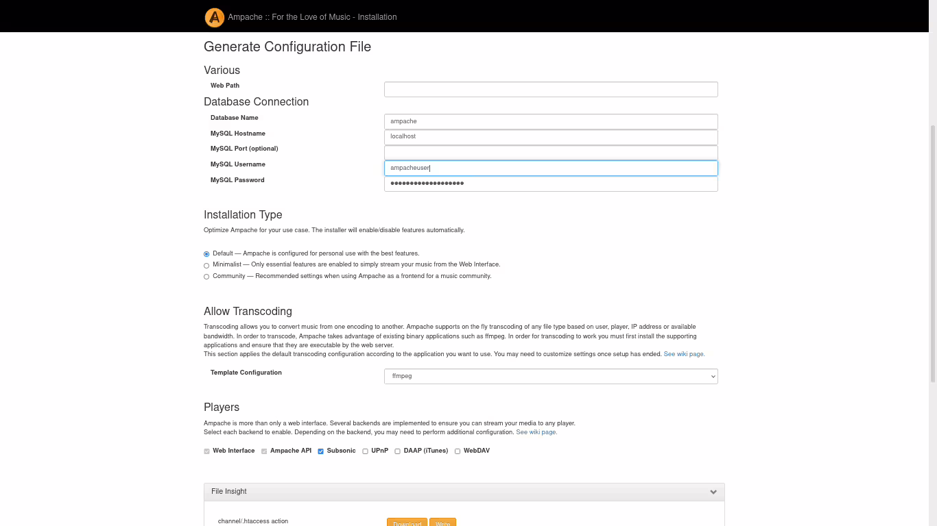 Ampache web installer - generating the configuration
