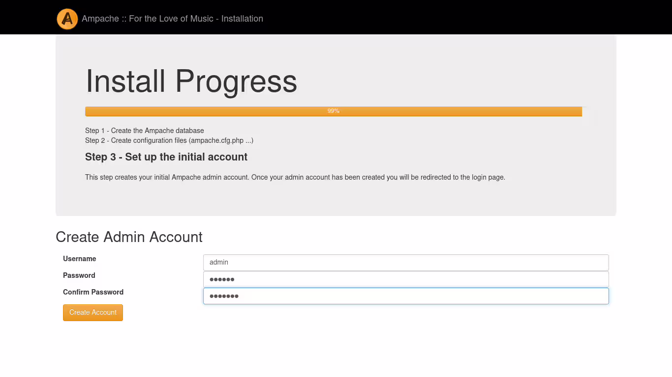 ampache raspberry pi web installer - creating admin account