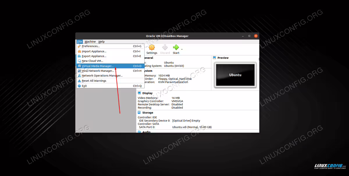 Opening the Virtual Media Manager menu