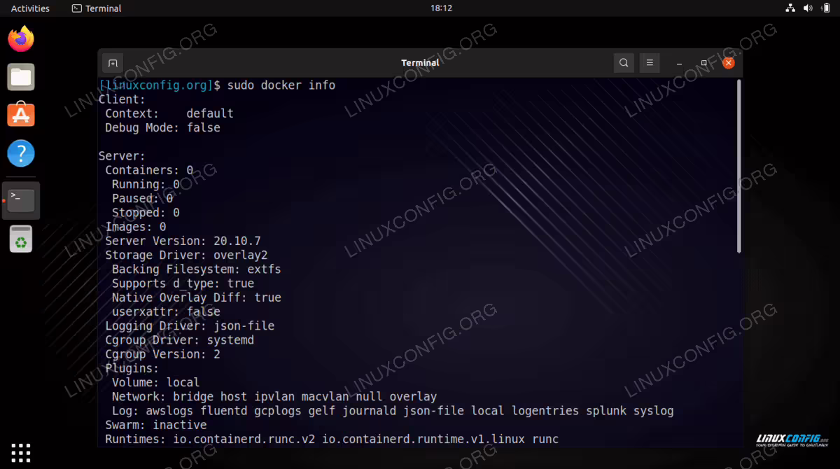 Output of docker info command showing its configuration