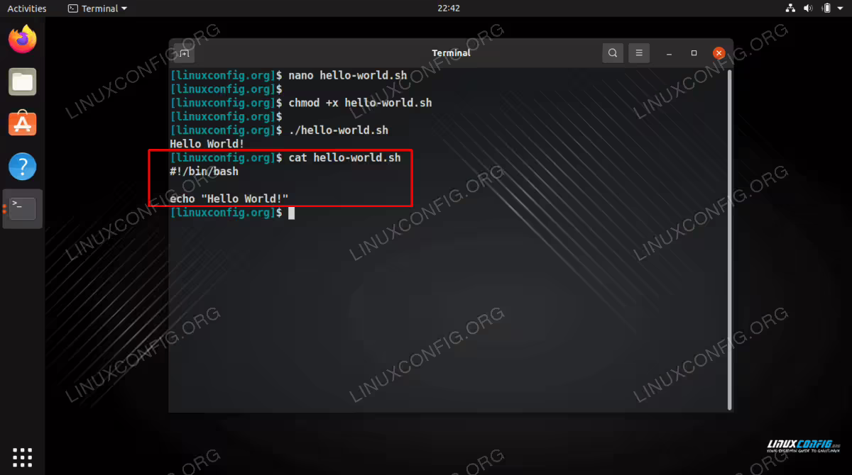 Execution of a Hello World Bash script on Linux