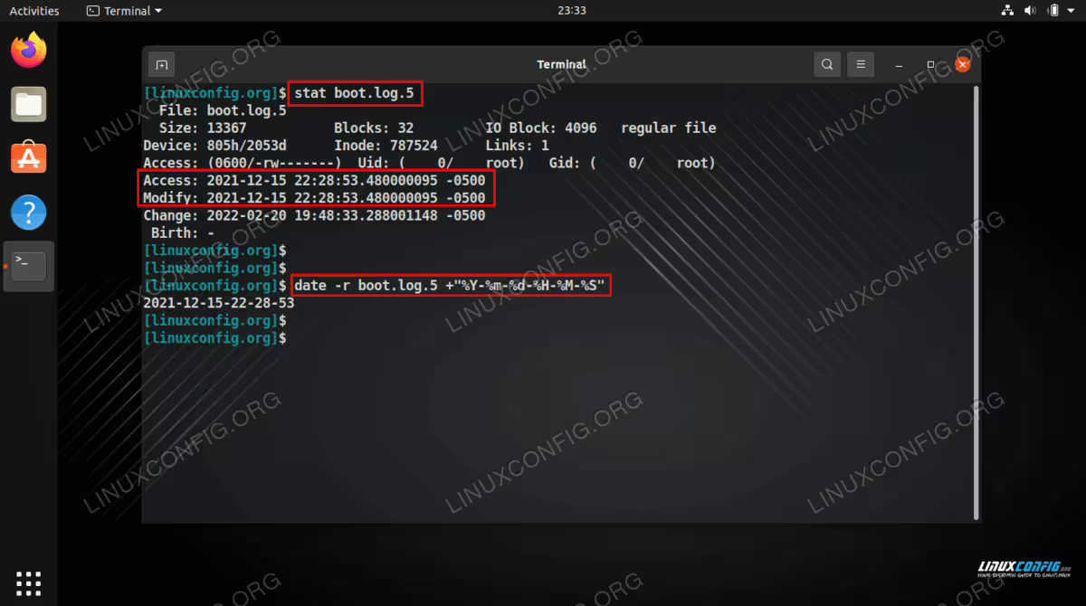 Viewing the access and modification time for a file in Linux