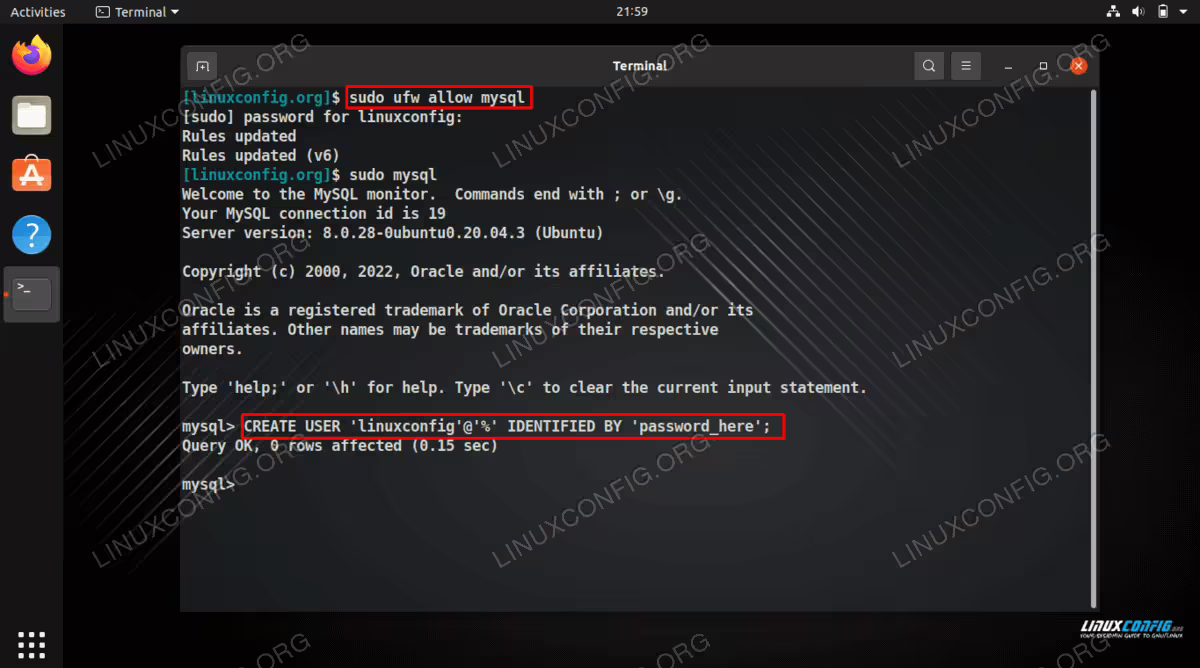 Allowing MySQL connections through firewall and creating a new user that allows connections from all hosts