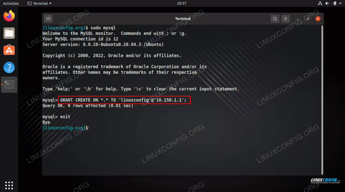 Granting CREATE permissions to a user in MySQL on Linux