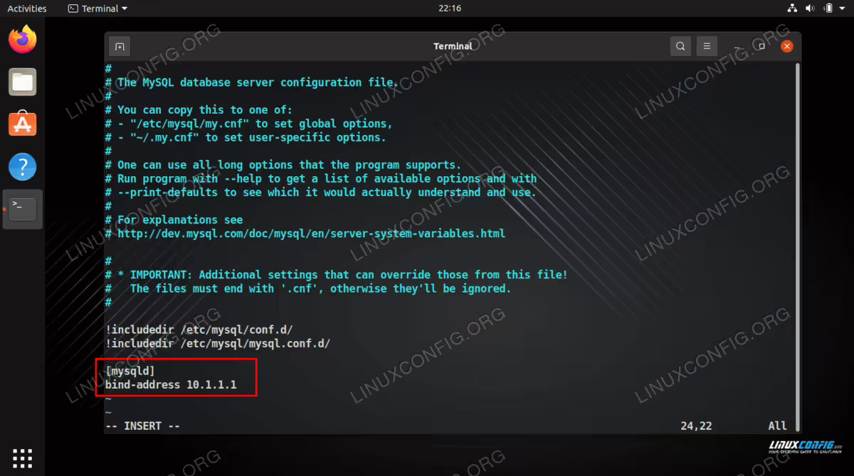 Editing bind address setting in the MySQL configuration file