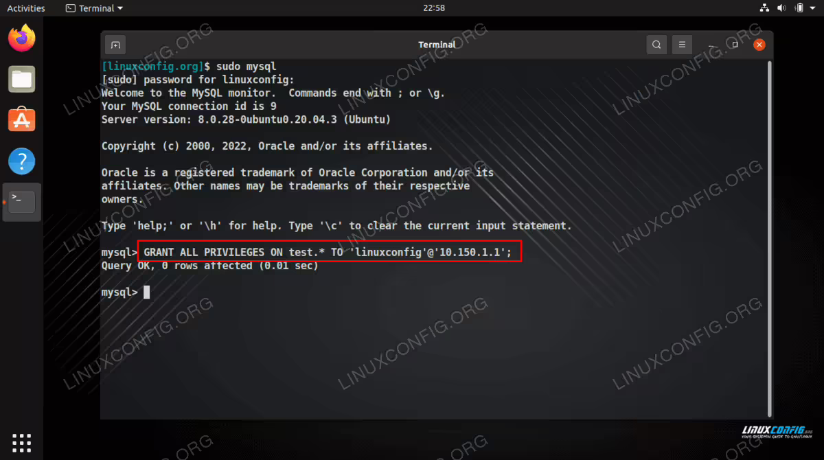 Allowing access to MySQL database for one user by granting all privileges