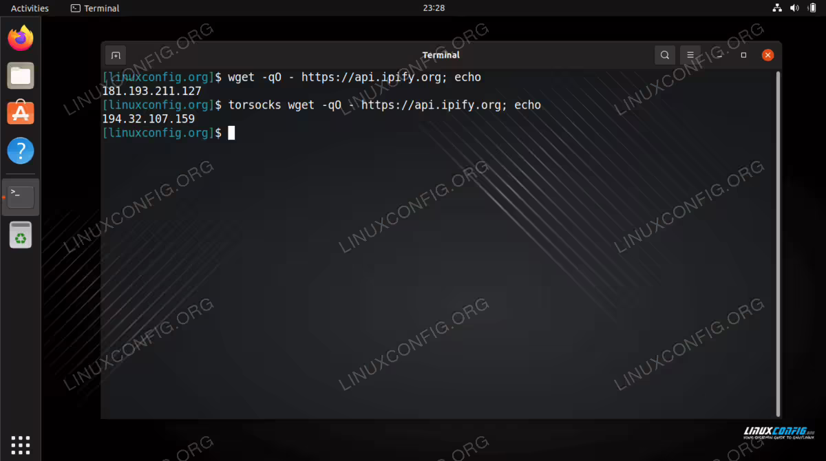 See how our IP address changes when using the torsocks command prefix