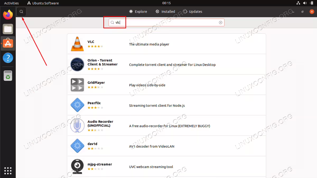 Searching for VLC application in Ubuntu Software Catalog