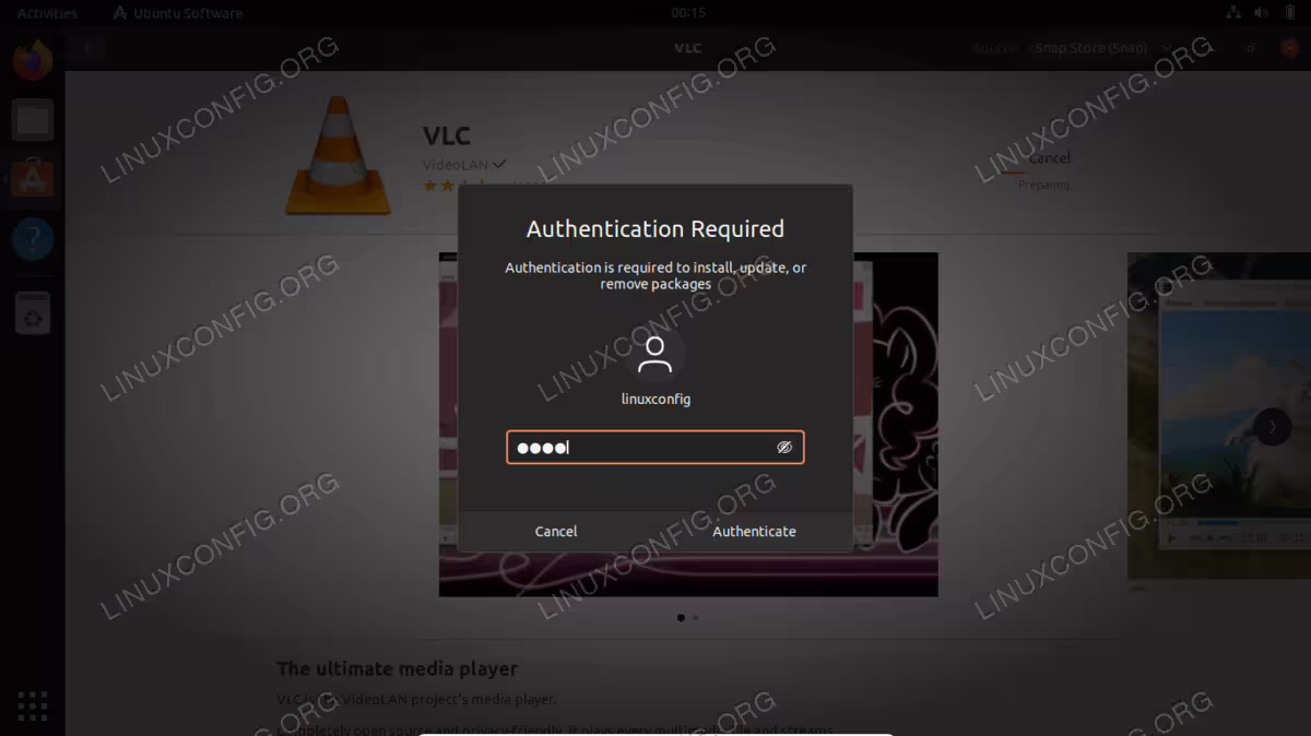 Enter sudo password to proceed with VLC installation