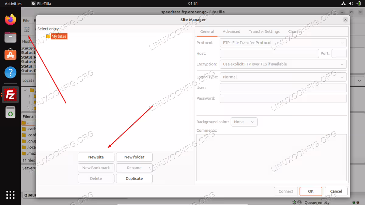FileZilla site manager interface