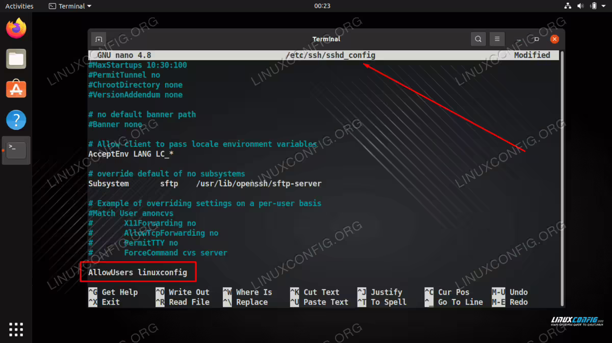 Editing the SSH configuration file to enable SSH access for a user