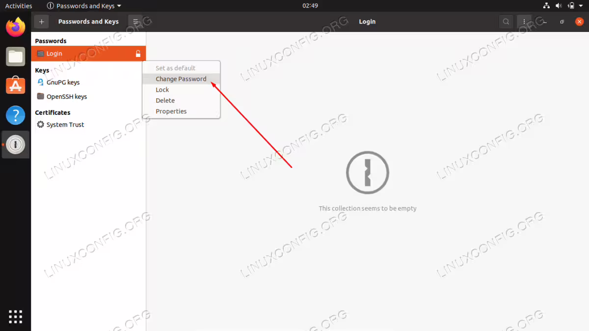 Select to change password on the keyring