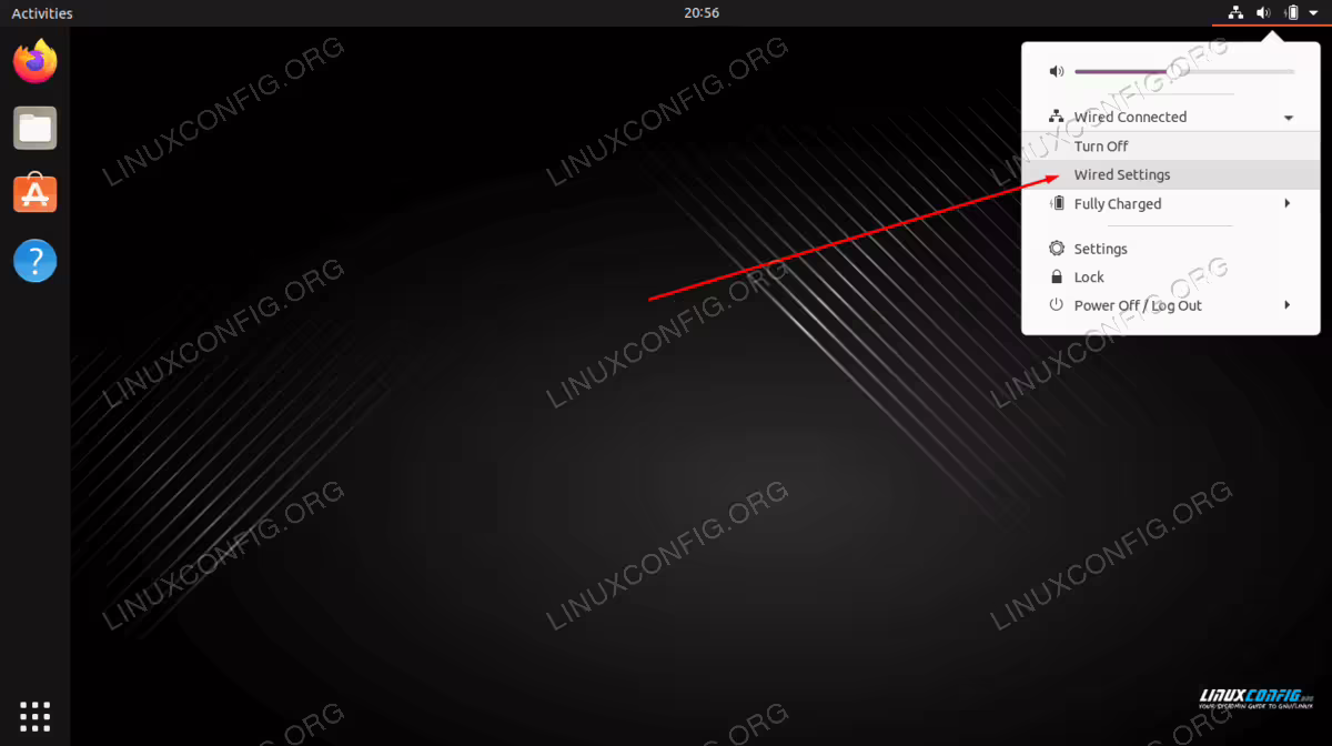 Opening the network settings menu via GUI
