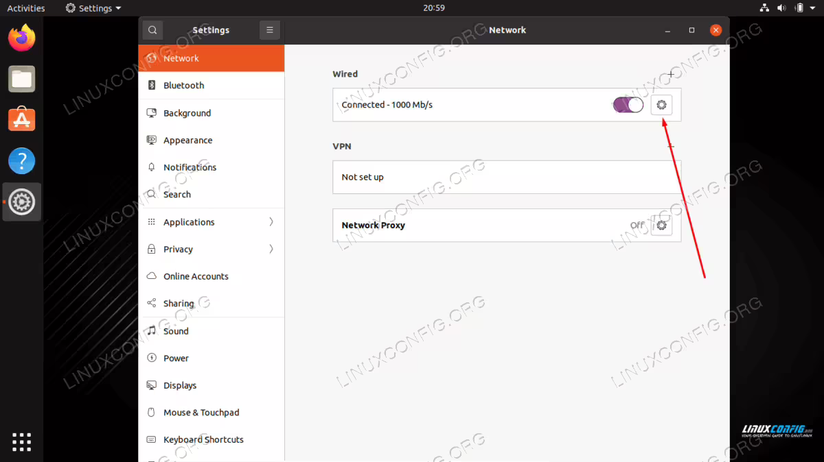 Opening the settings panel for the network interface
