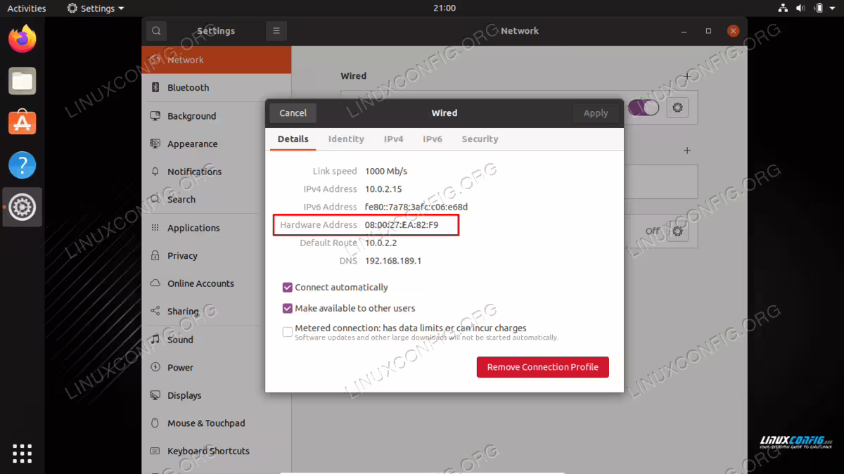 Obtaining the MAC address for a network interface via GUI