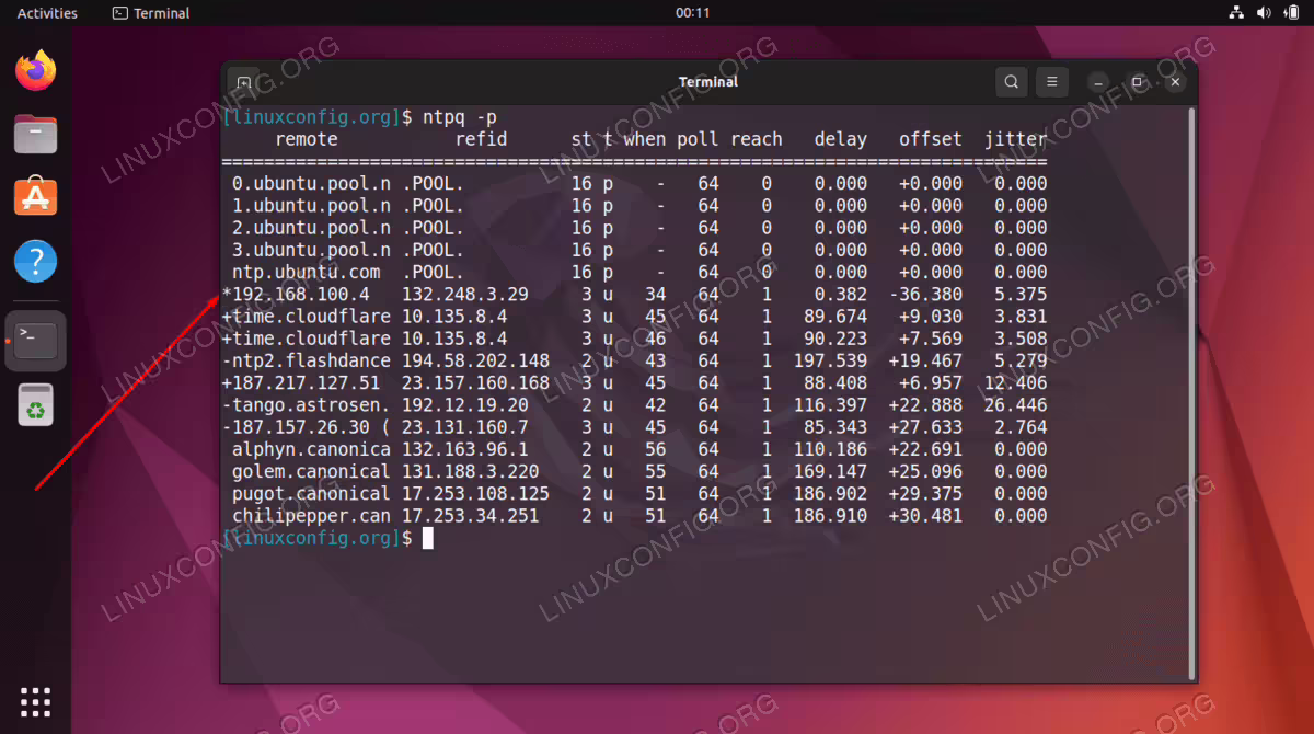 Output from the ntpq command