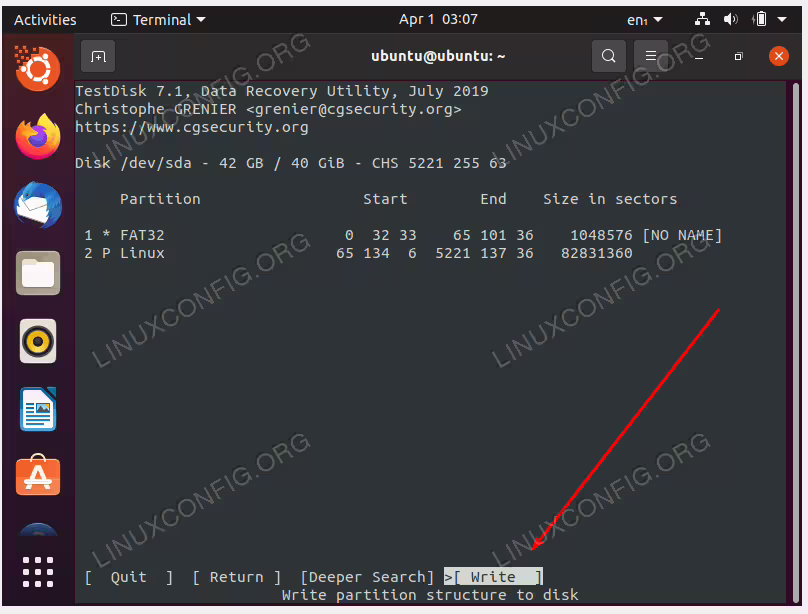 Write changes to recover the partition table