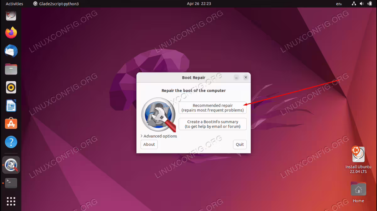 Choosing the recommended repair option in boot repair