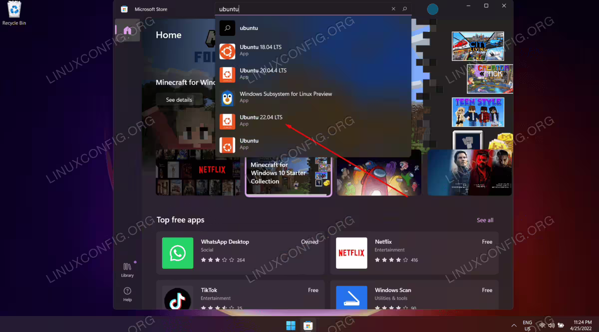 Search for the Ubuntu 22.04 option in Microsoft Store