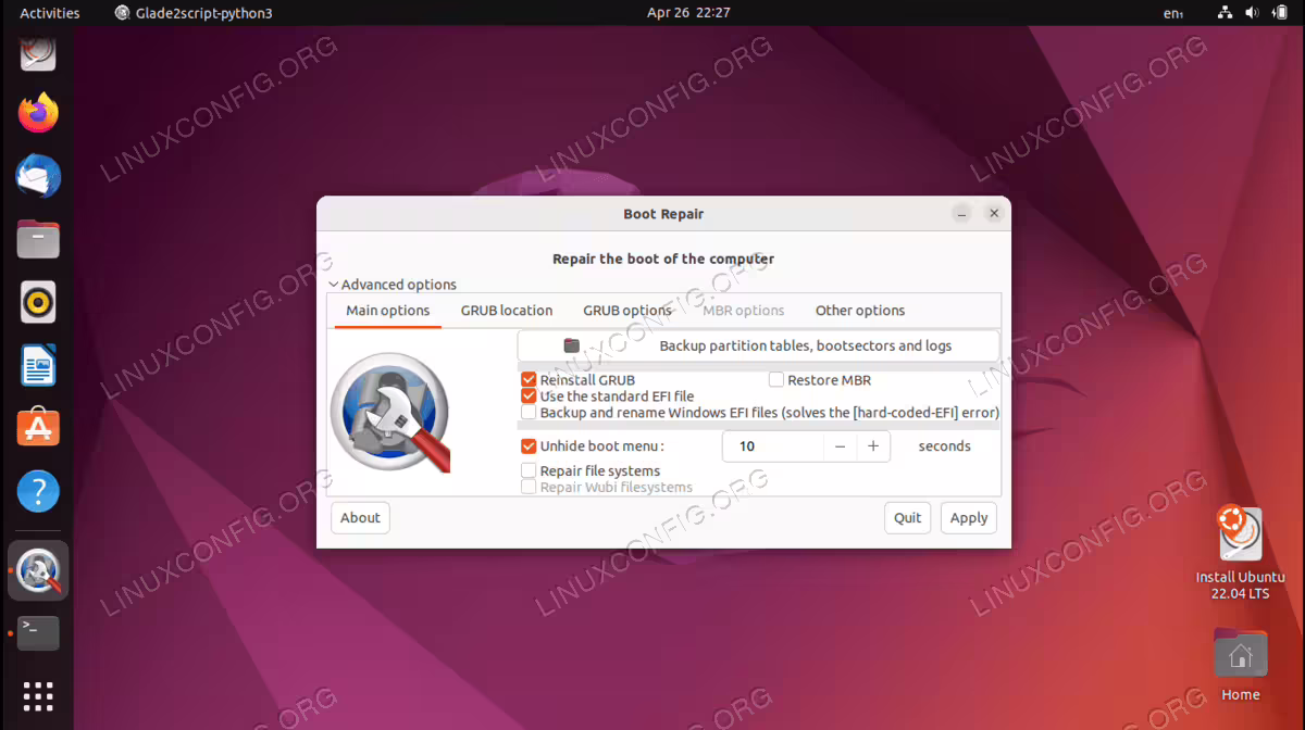 Advanced options menu under boot repair