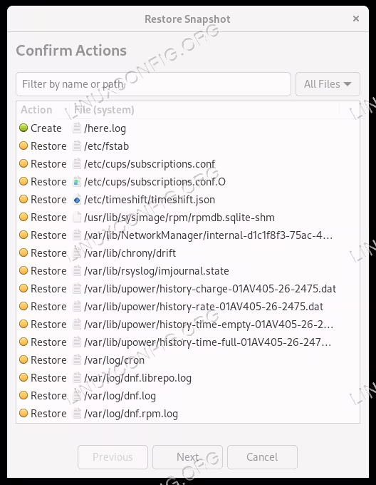 The actions that would be performed on restore
