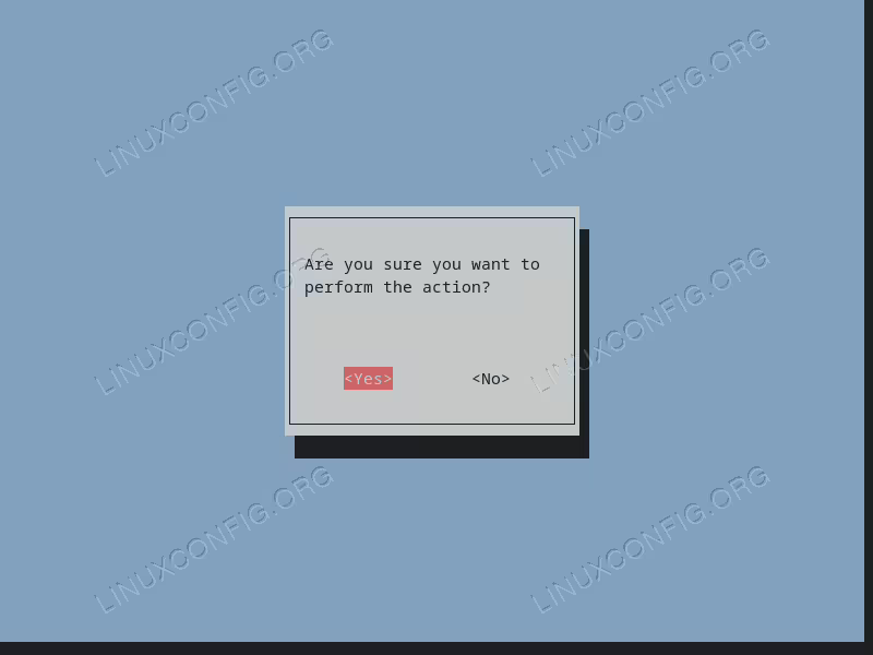 A yes/no choice dialog created with Whiptail