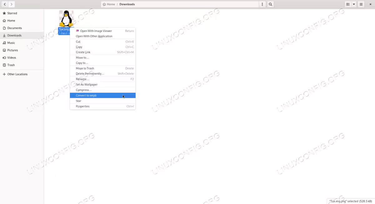 Our "convert to webp" extension entry in the Nautilus context menu