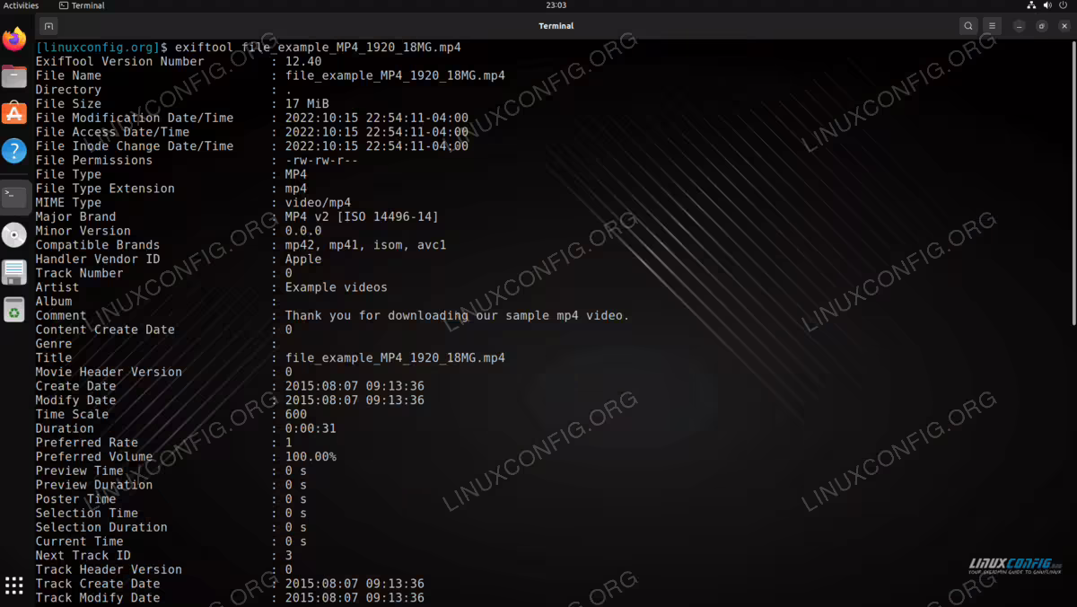 Viewing video file metadata using ExitTool command