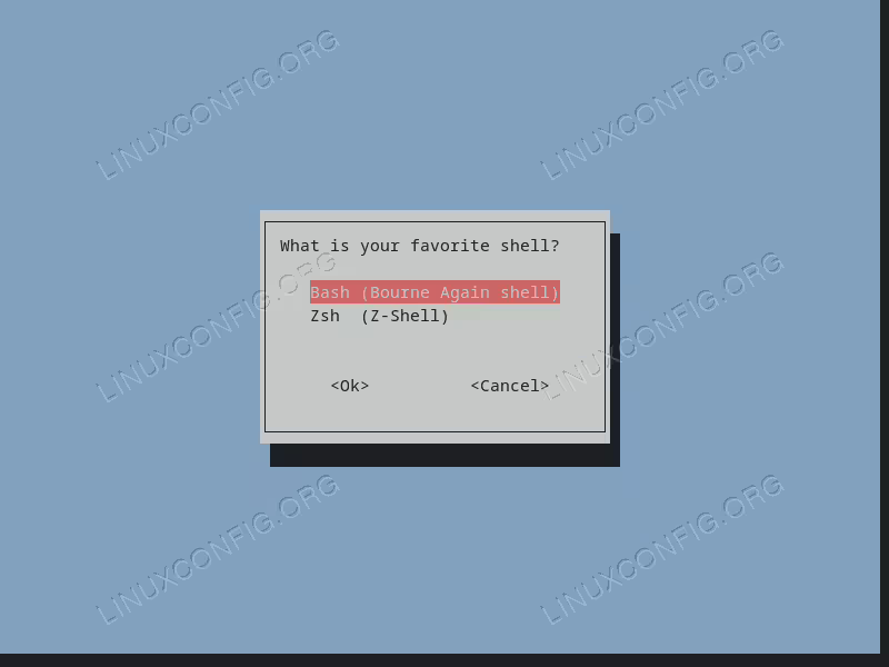 A "menu" widget generated with Whiptail