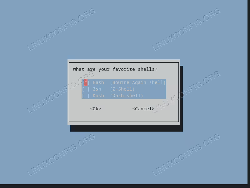 A checklist widget generated with Whiptail
