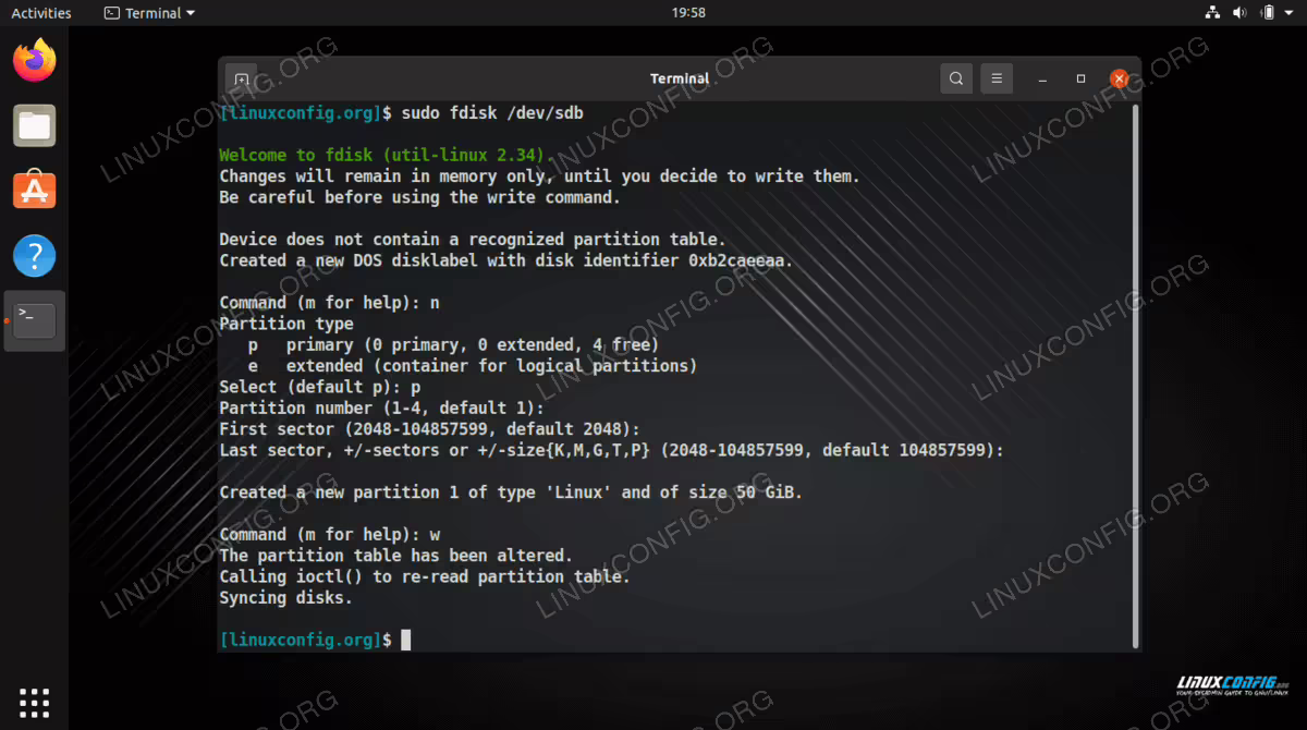 We are finished partitioning the new drive with fdisk utility