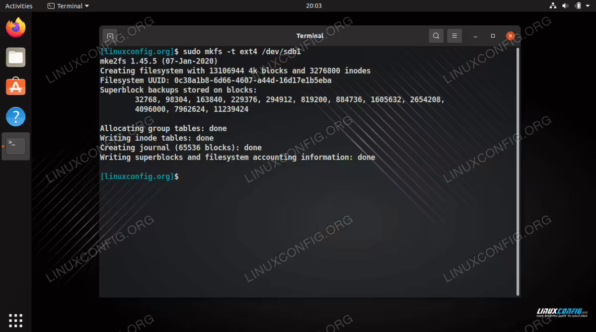 Formatting our new disk with the ext4 file system
