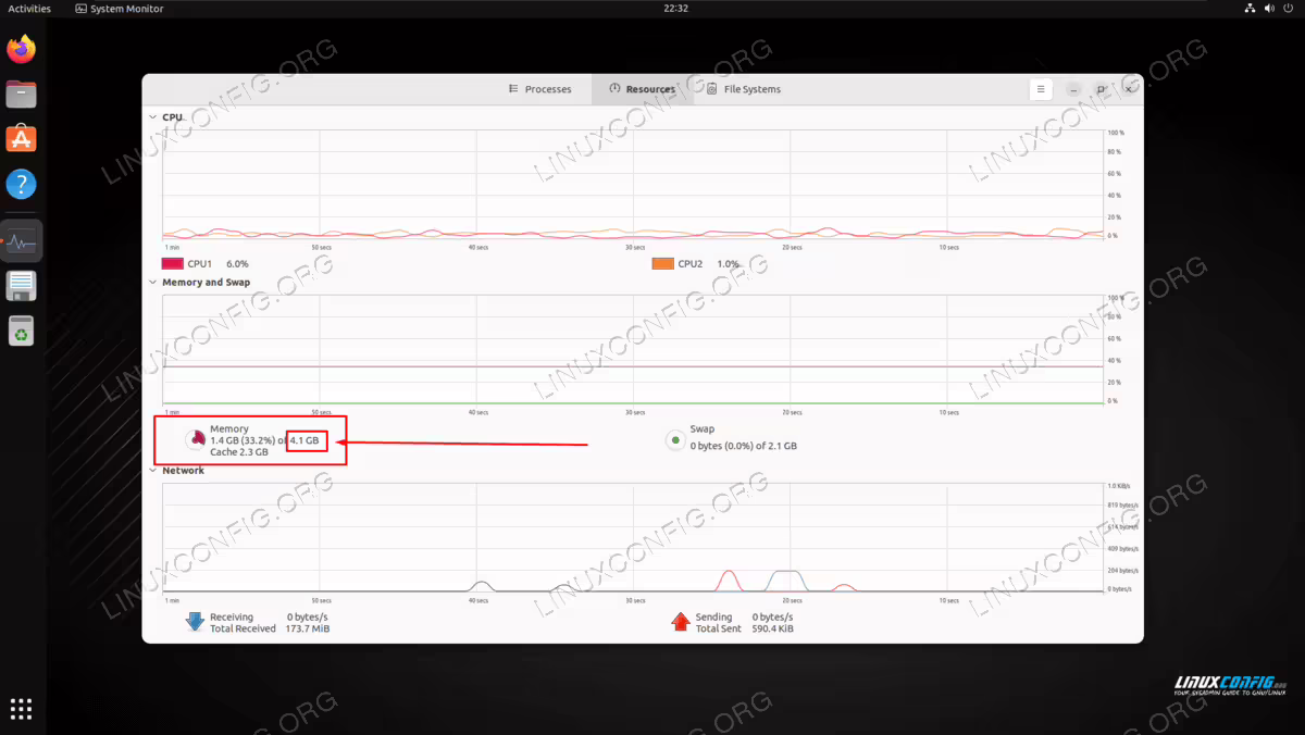 GNOME System Monitor showing the total amount of installed RAM