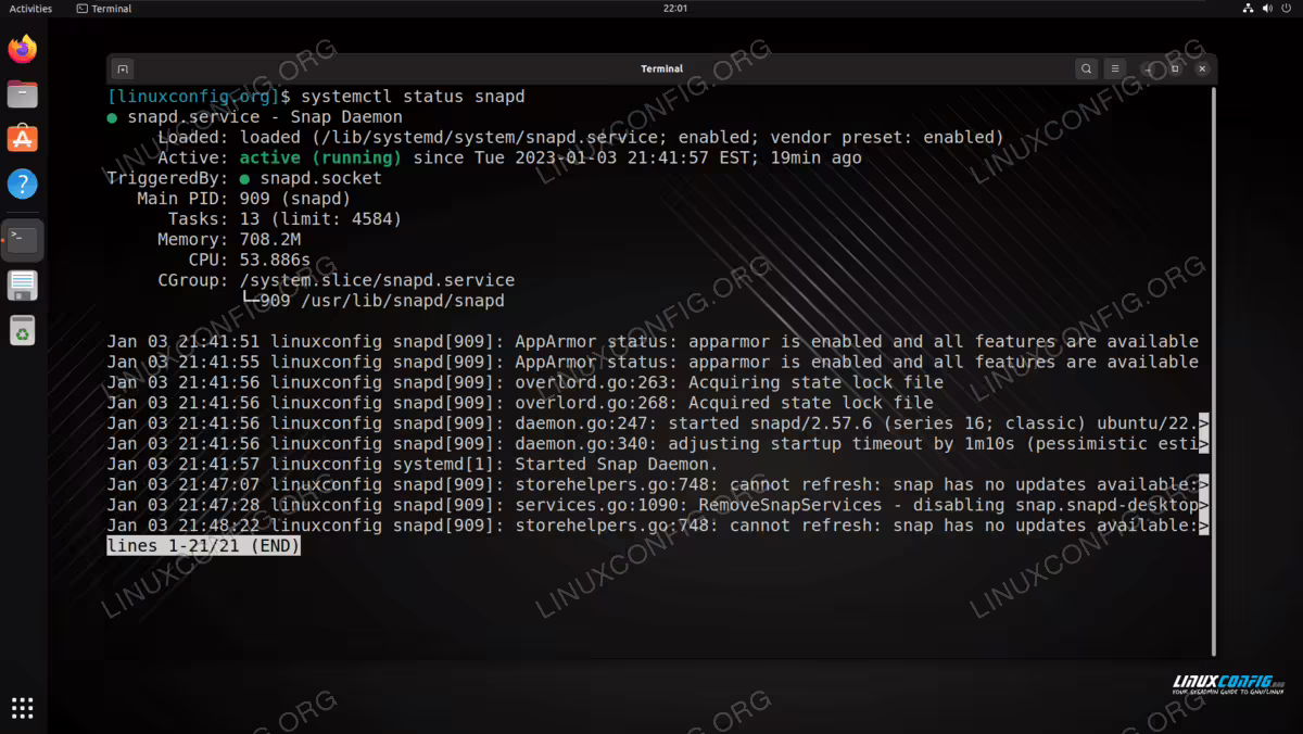 Snapd status message and log