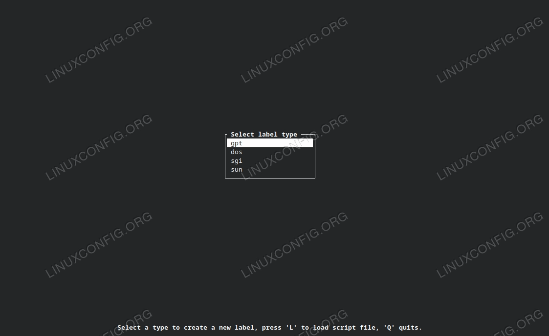 creating a partition table type with cfdisk