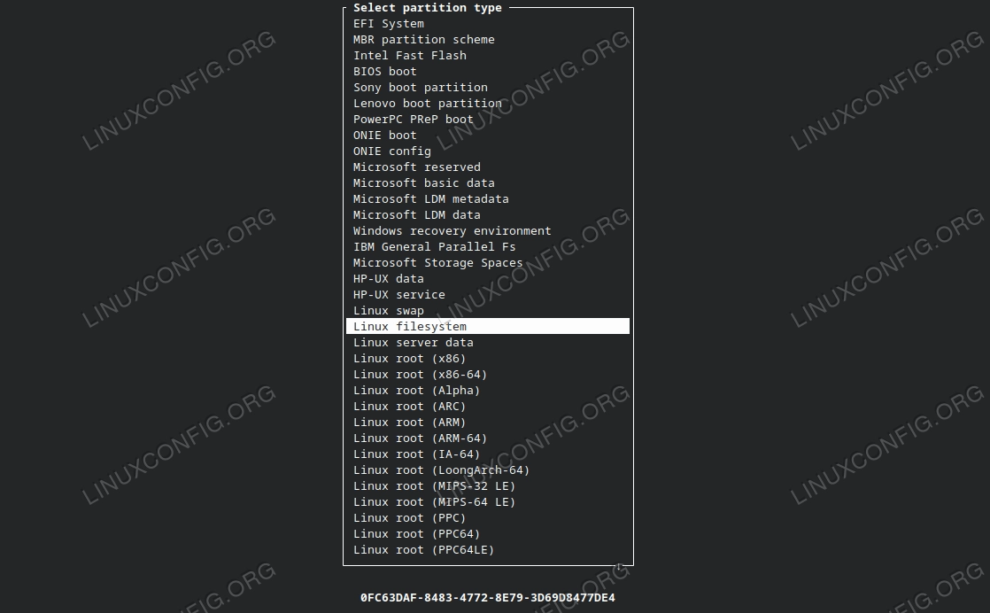 Choosing a partition type from the cfdisk menu
