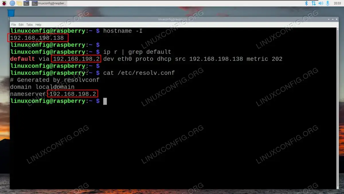 Finding the IP address, default gateway, and DNS server of the Raspberry Pi