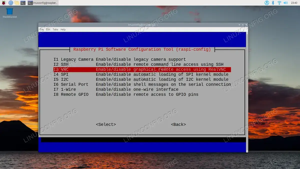 Selecting VNC out of the Interface Options menu