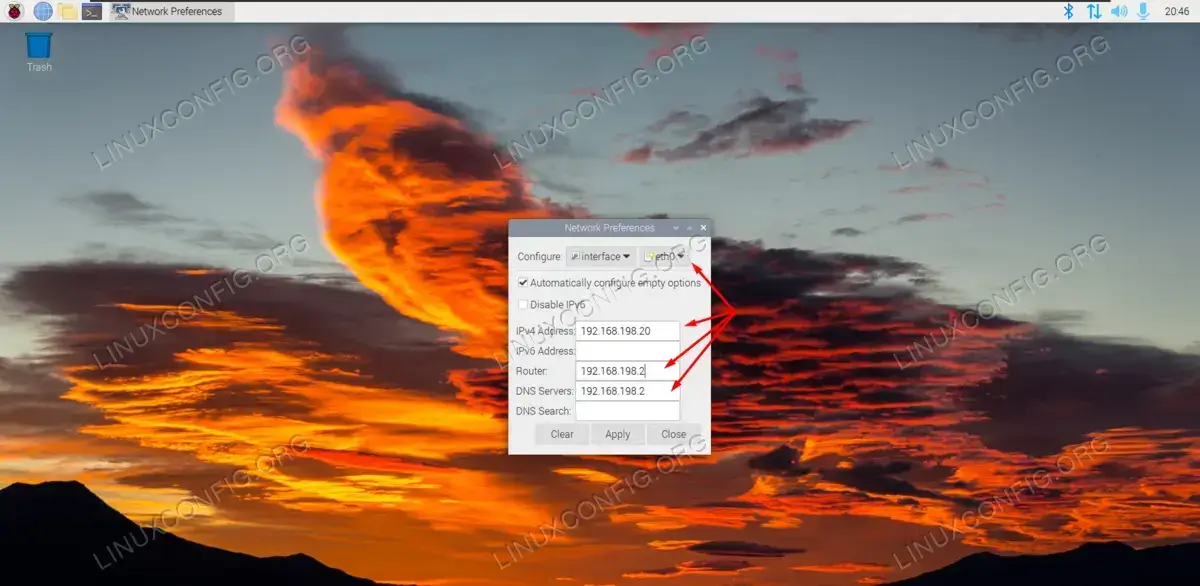 Filling out static IP address information in Raspberry Pi's GUI