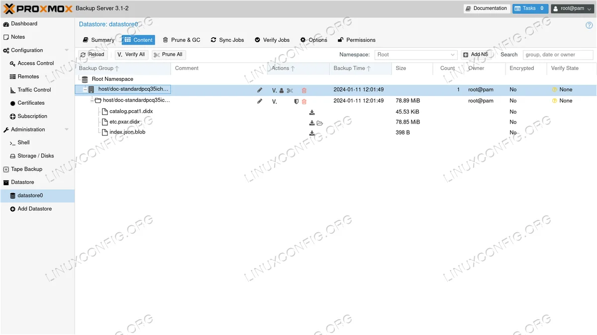 the backup we just created as listed in the server web interface