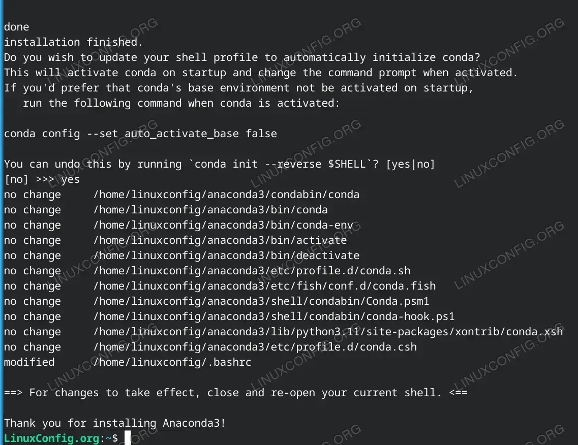 Successful Anaconda installation on Ubuntu 20.04