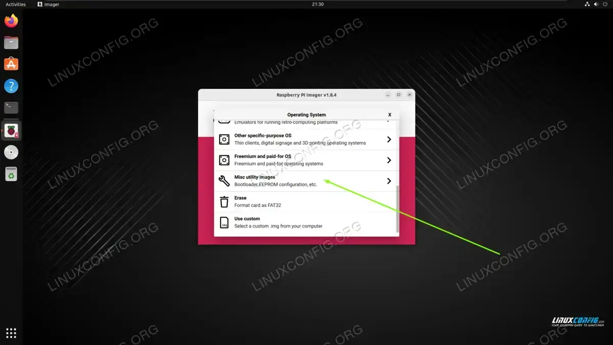 Opening the Misc utility images menu