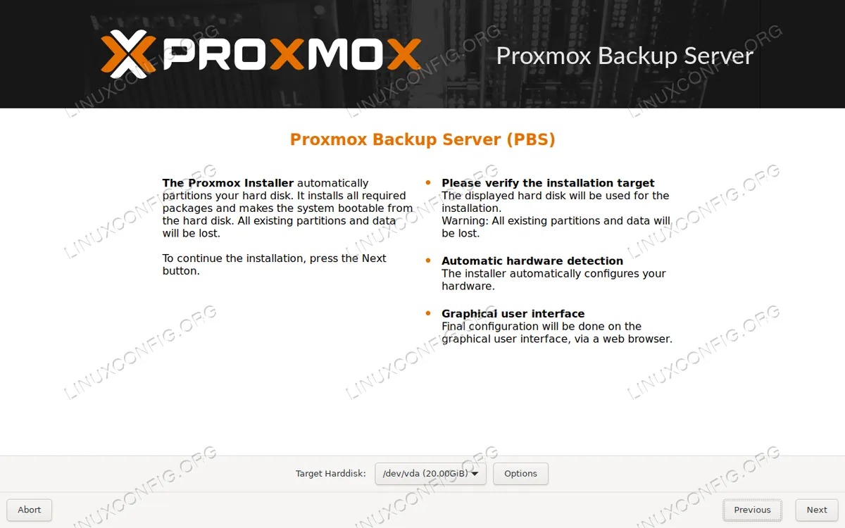 proxmox backup server installer: disk selection