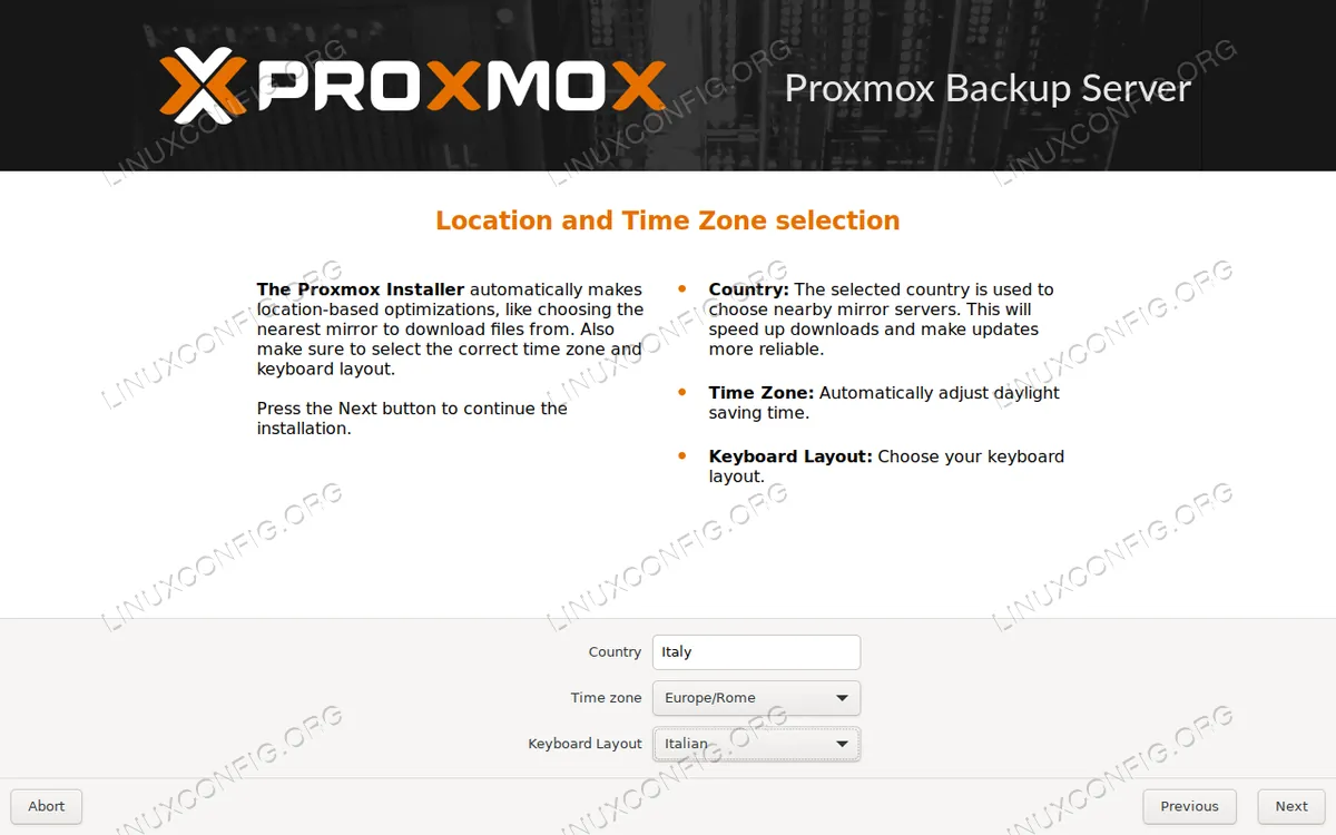 proxmox backup server: choosing country and timezone