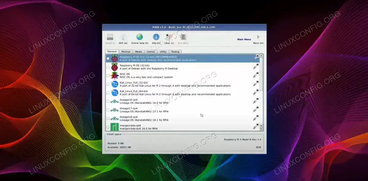 PINN menu on Raspberry Pi