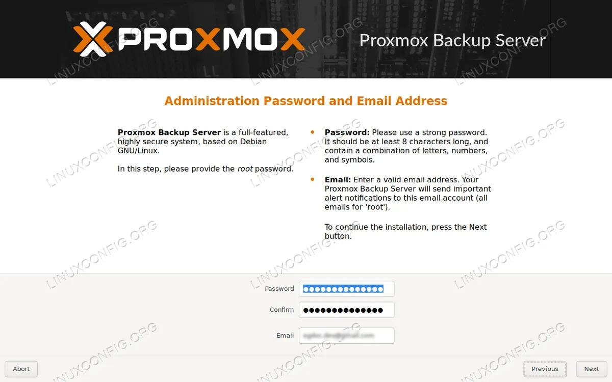 proxmox installer: setting email and password