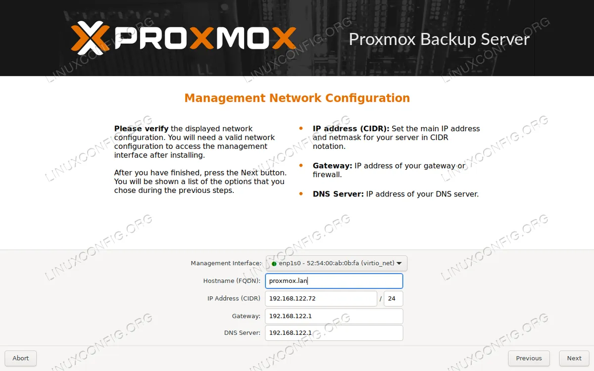 proxmox backup server installer: network configuration