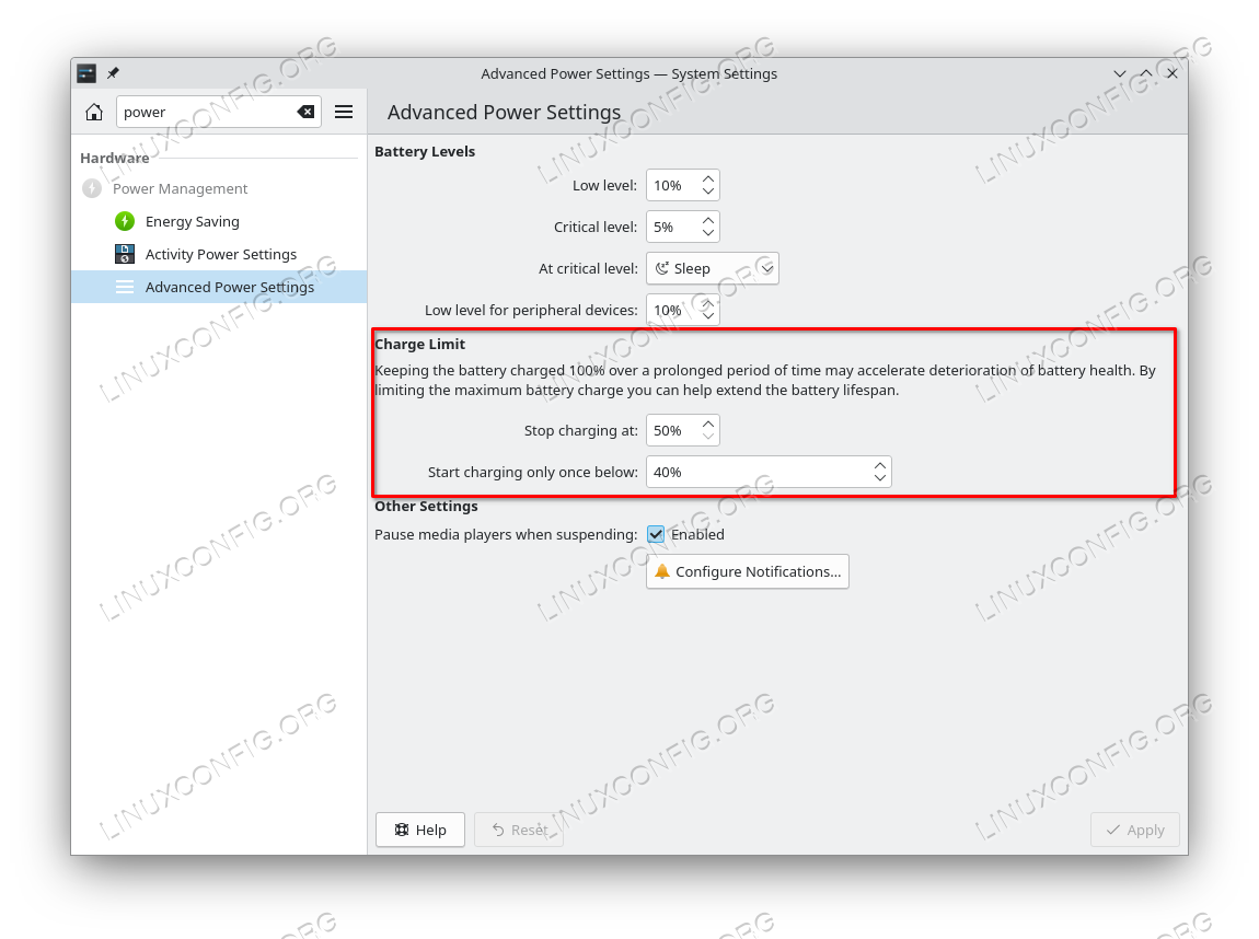 setting battery charge thresholds from kde plasma desktop