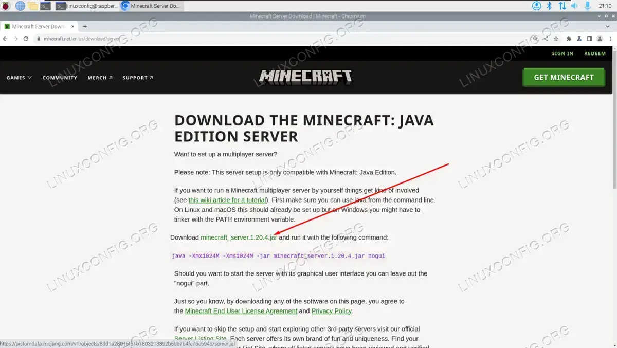 Copy the link location from the Minecraft download page